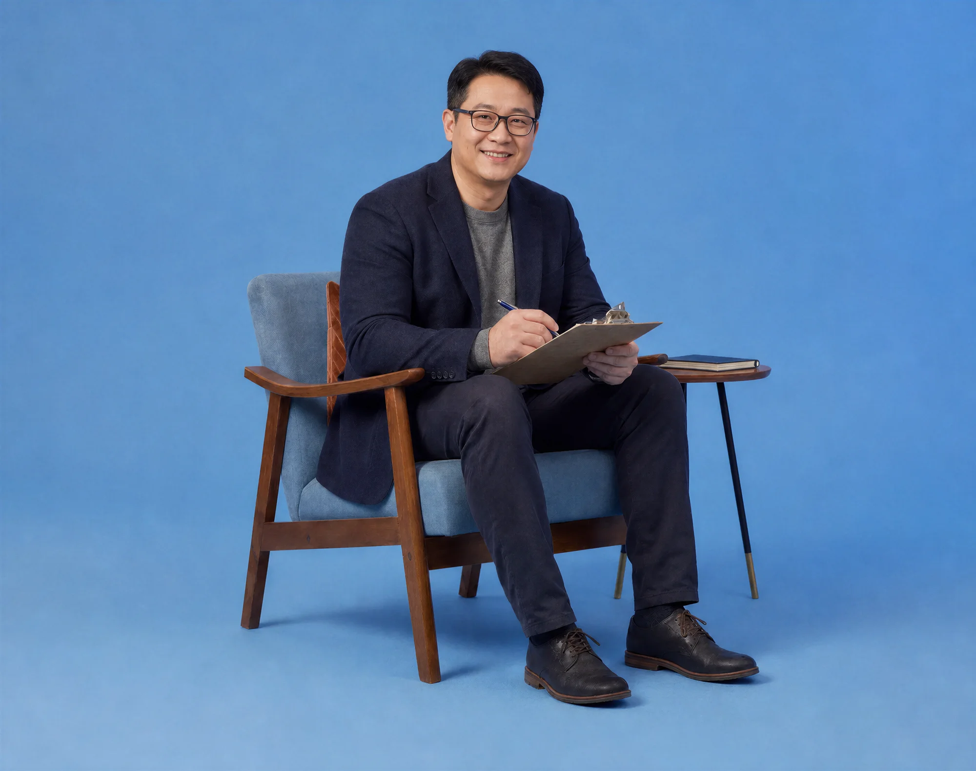 Smiling middle-aged Asian man wearing glasses sits in an armchair with a clipboard and pen against a blue background.